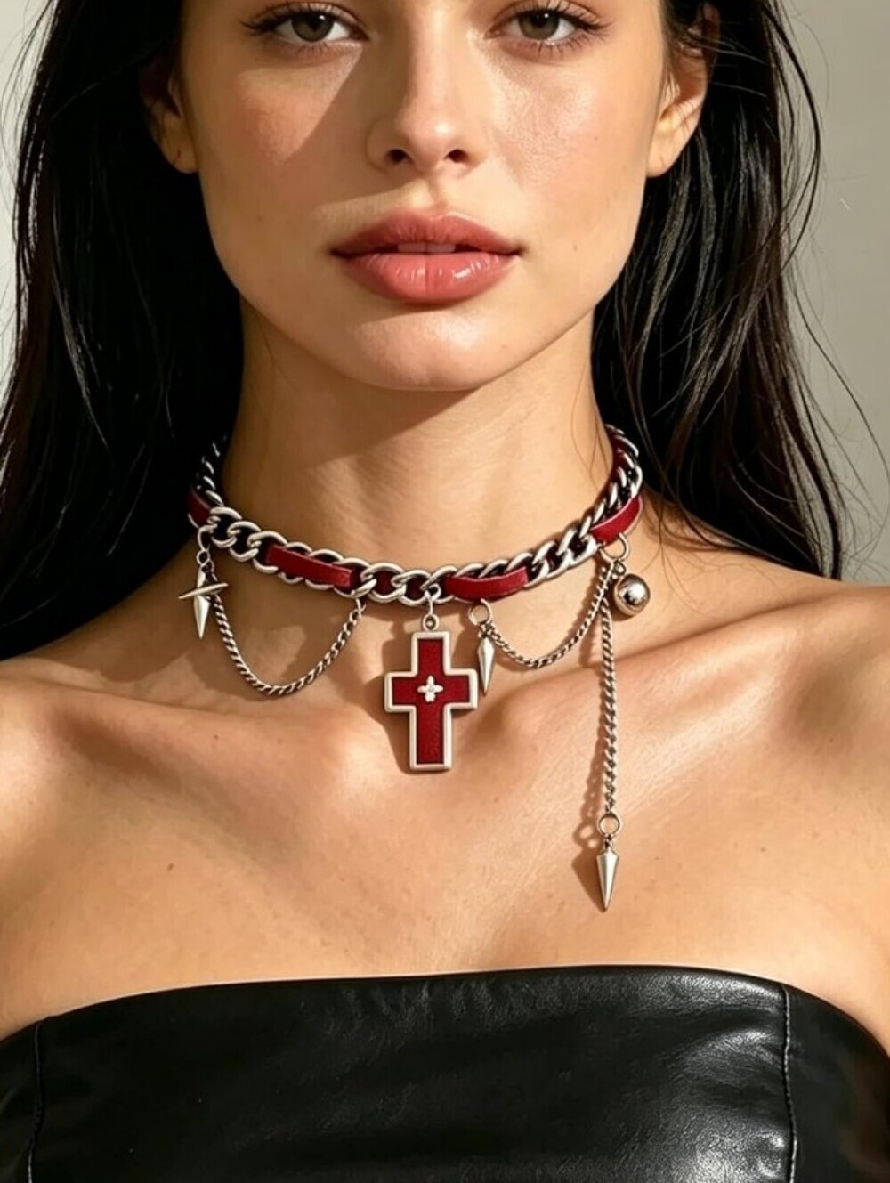 Red Cross Pendant Layered Choker Necklace - Women Jewelry
